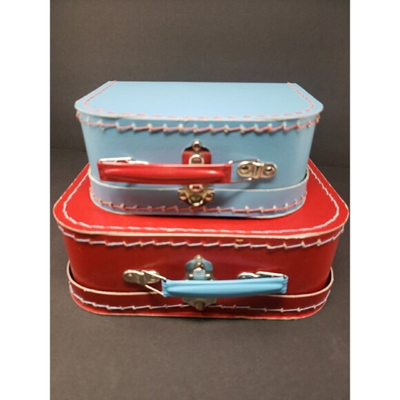 Two European Mini Suitcases for Toys or Doll Clothes Red Blue Metal Handle Clasp - Picture 2 of 16